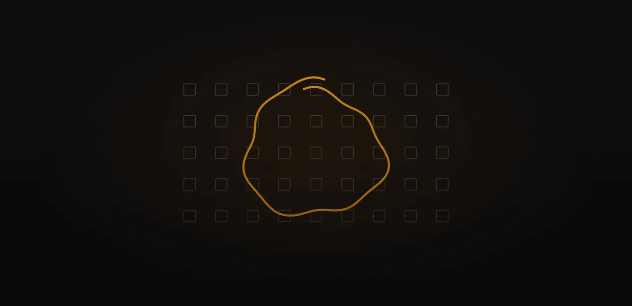 Abstract line illustration of a uniform grid of squares overlaid with a hand-drawn amber circle