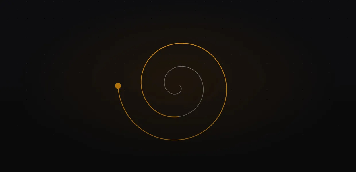 Abstract line illustration of a spiral that widens outward and turns amber as it grows