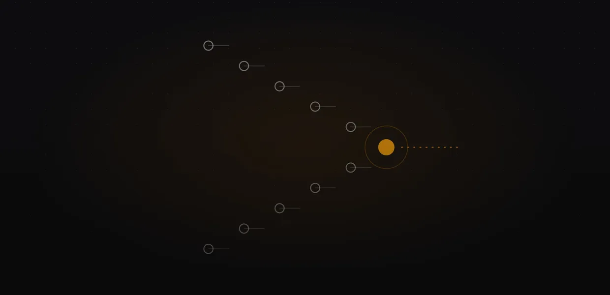 Abstract line illustration of an amber dot leading a V-shaped formation of grey dots