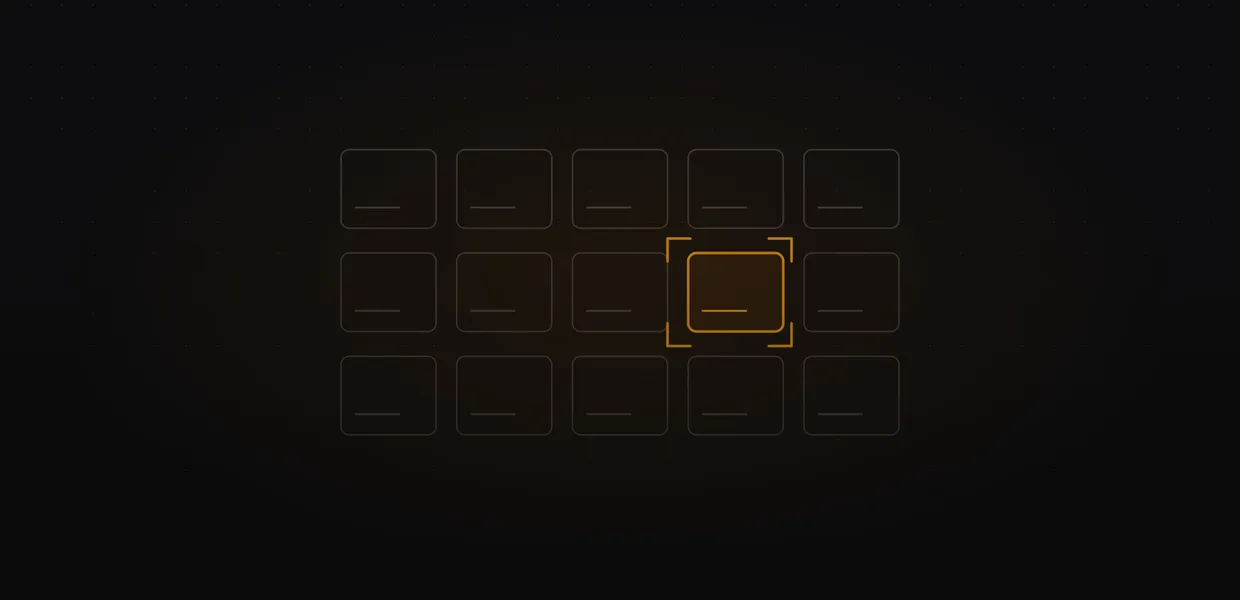 Abstract line illustration of a grid of portfolio cards with one card highlighted in amber and framed by selection marks