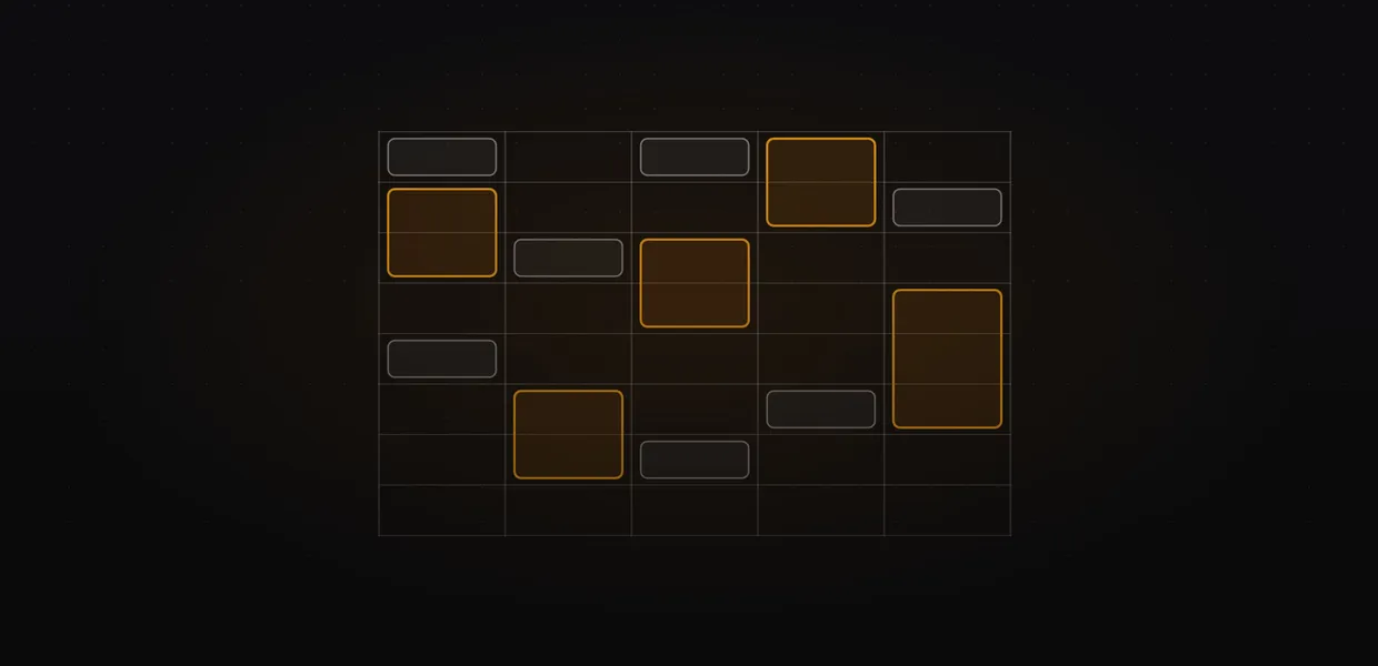 Abstract line illustration of a weekly calendar grid with small grey meetings and larger amber focus blocks