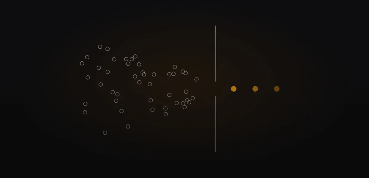 Abstract line illustration of many small circles crowding toward a narrow gap, with only three amber dots passing through