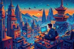 Illustration of a student holding his Laptop and city structures in the background