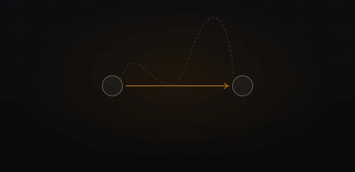 Abstract line illustration of two circles joined by a direct amber arrow, with a dashed grey detour looping around it