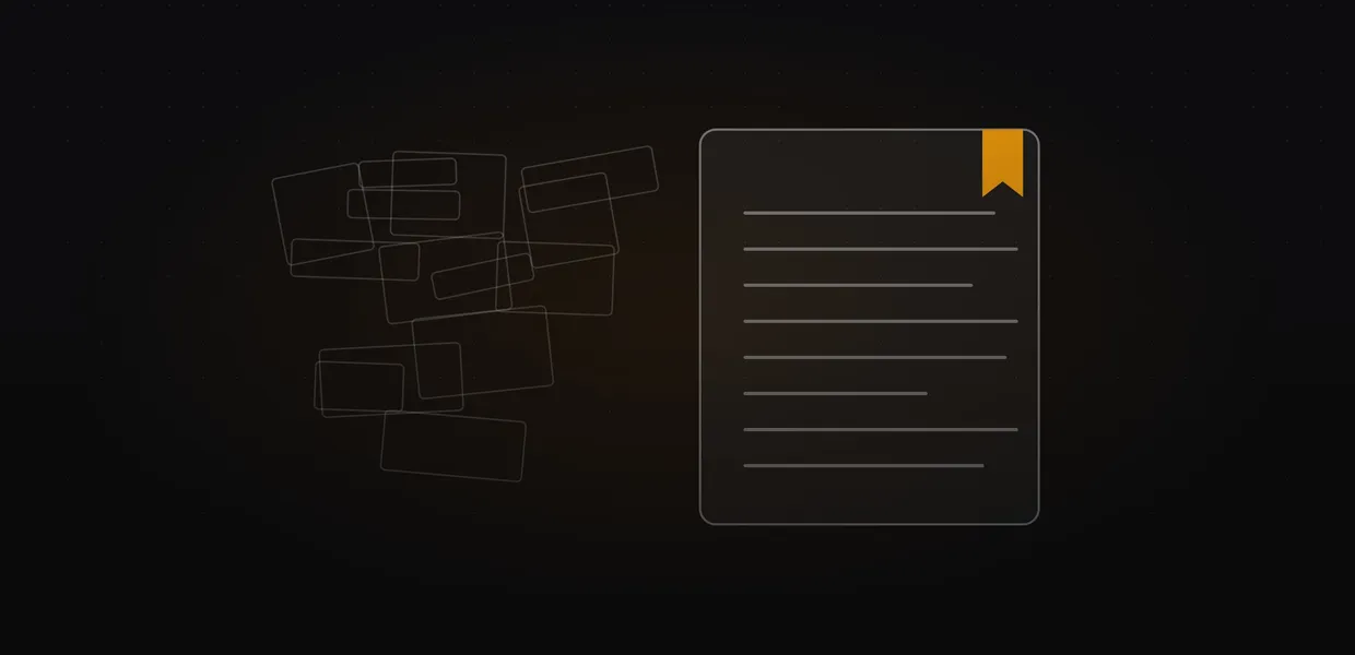 Abstract line illustration of scattered, overlapping boxes beside a clean page of text lines with an amber bookmark