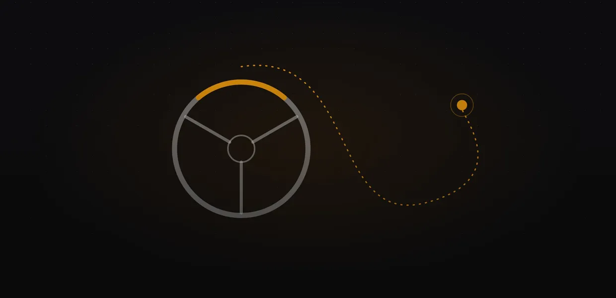 Abstract line illustration of a steering wheel with a dotted amber path leading to a destination point
