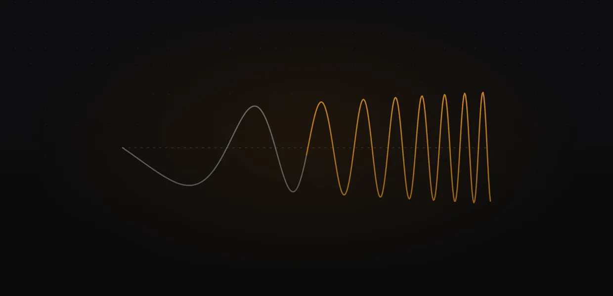 Abstract line illustration of a wave that starts slow and grey and speeds up into tight amber peaks