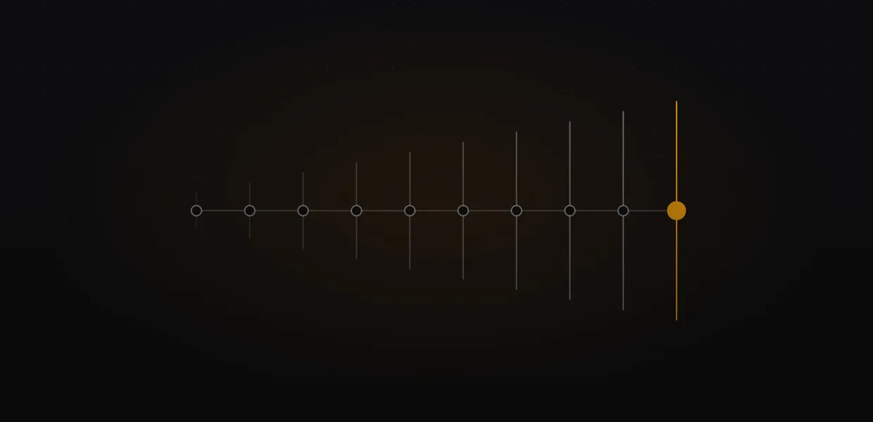 Abstract line illustration of ten markers on a timeline, growing taller and ending in an amber dot