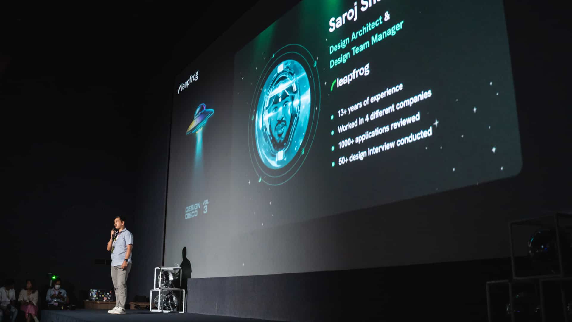 Saroj Shahi presenting on stage at Design Disco volume 3