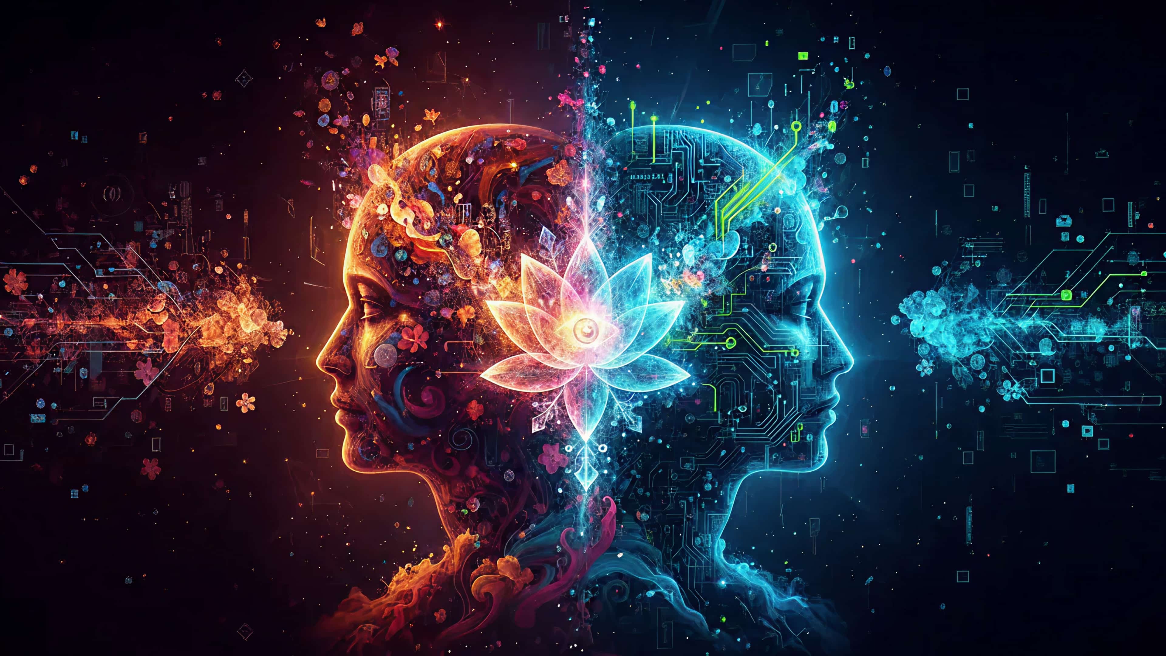 A man sitting at a desk with a computer, displaying a lightbulb and cloud icon, against a backdrop of stylized clouds and futuristic buildings.