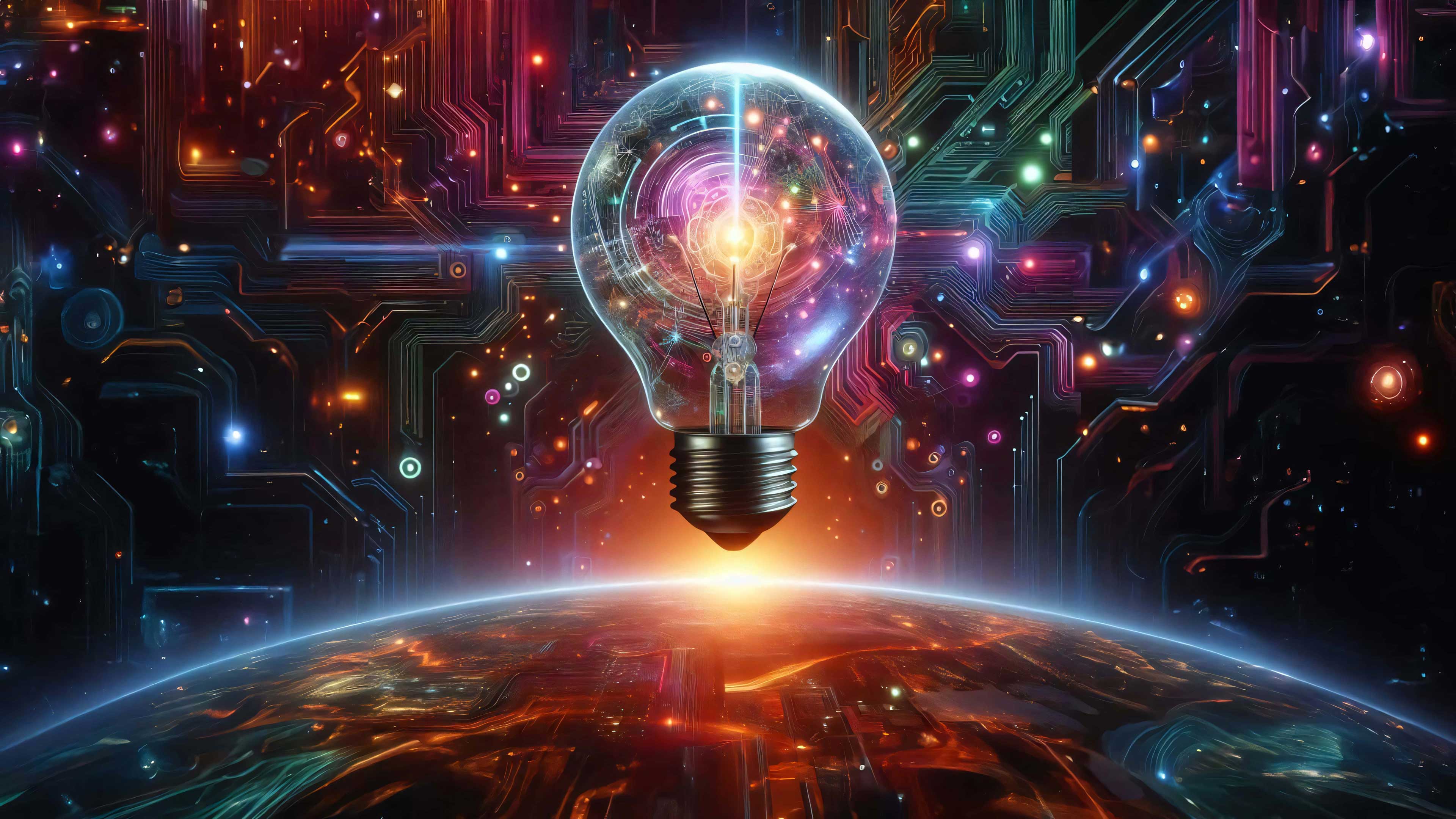 Photo manipulated image of a bulb with circuts like network above a planet