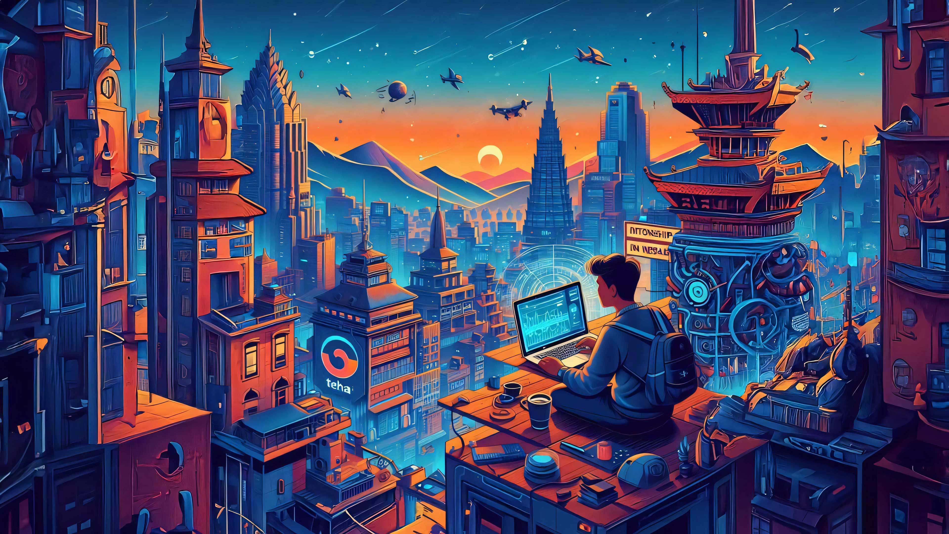 Illustration of a student holding his Laptop and city structures in the background