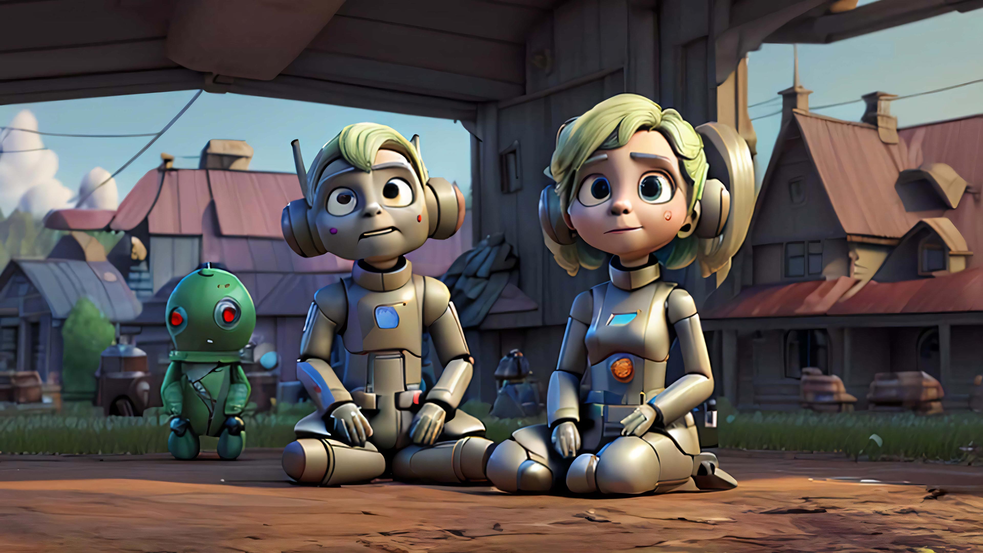 Robots sitting in a barn yard